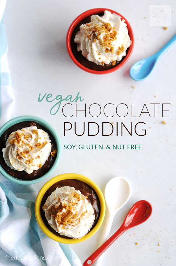 three colored bowls of vegan chocolate pudding with text overlay