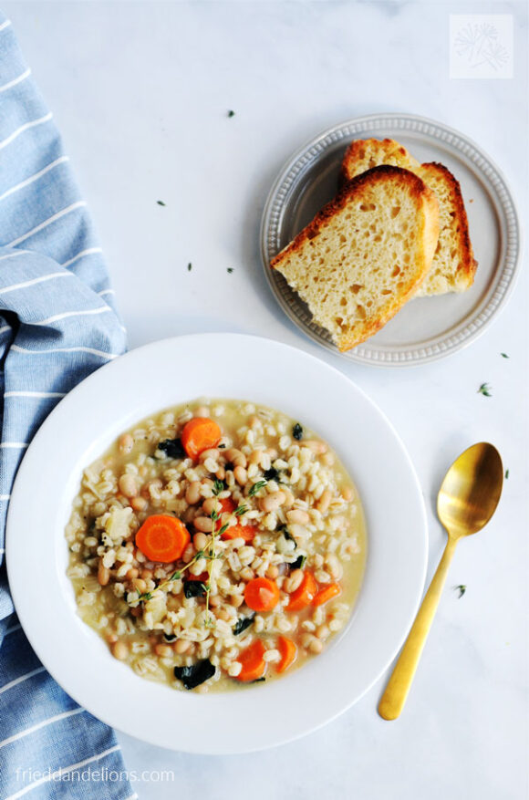 Barley Soup with White Beans and Kale — Fried Dandelions — Plant Based