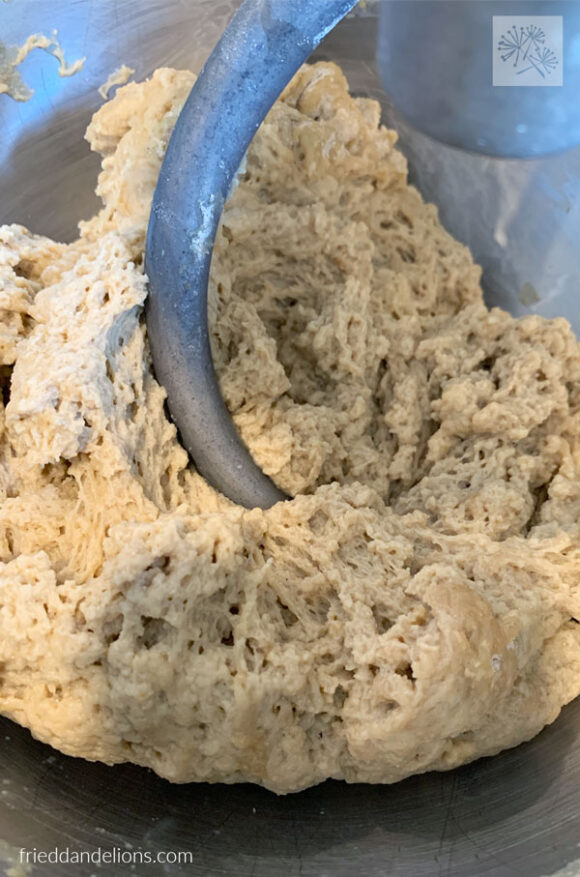 wet dough in a kitchenaid stand mixer for homemade seitan