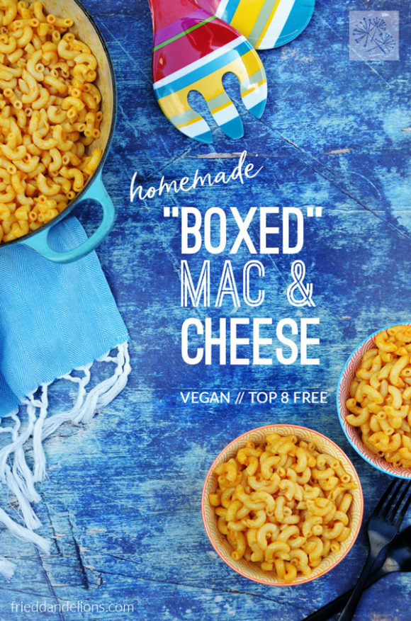 overhead view of Vegan Boxed Mac and Cheese with text overlay on a blue background