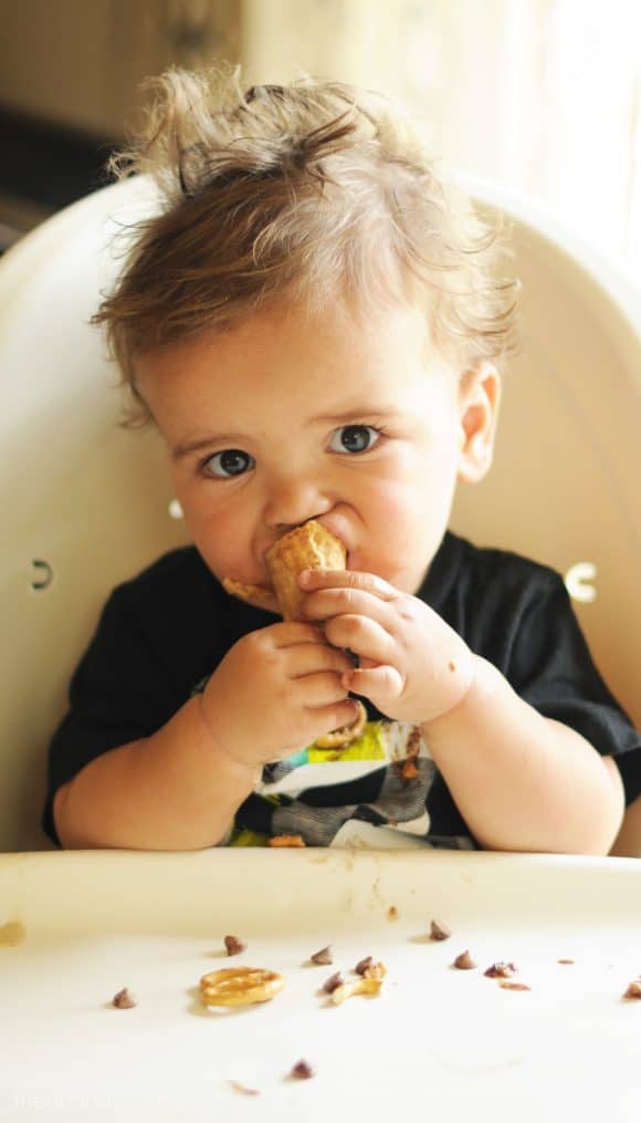 baby eating Salted Caramel Pretzel Chunk Ice Cream