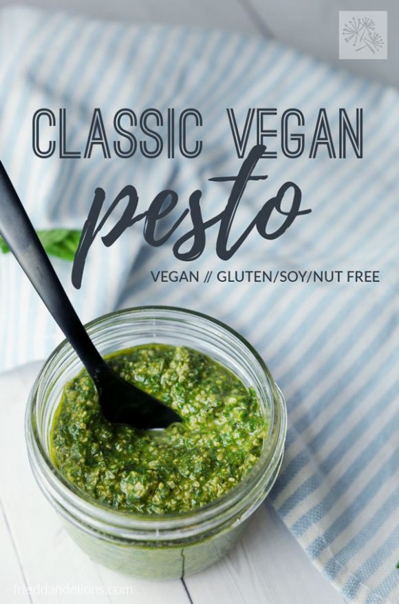 overhead shot of Vegan Pesto with text overlay