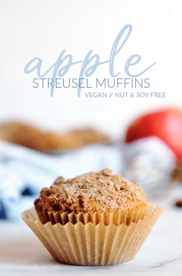 front view of an apple streusel muffin with text overlay