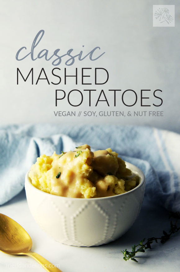 white bowl of vegan classic mashed potatoes with blue napkin in background and text overlay