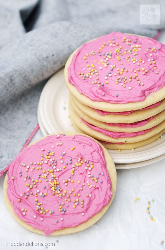 stack of Classic Vegan Sugar Cookies with one cookie in front