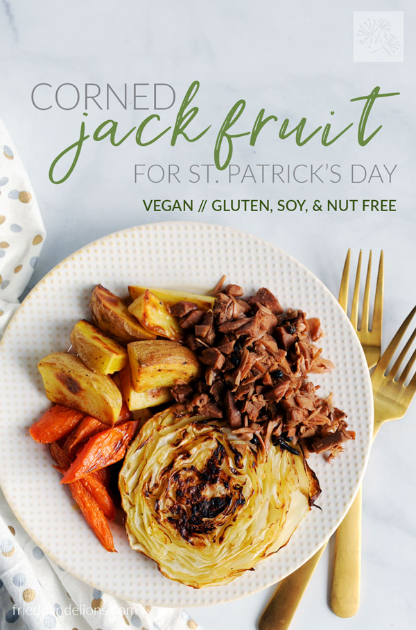 overhead shot of vegan corned jackfruit with gold forks, text overlay