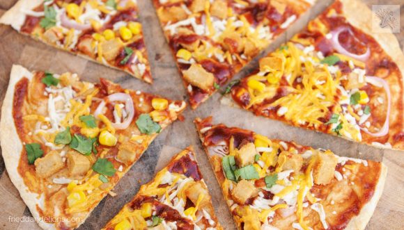 Cast iron skillet Tortilla Pizzas are so quick and easy to make! Have fun making custom flavors for everyone at your table! bbq chik'n Cast iron skillet Tortilla Pizza