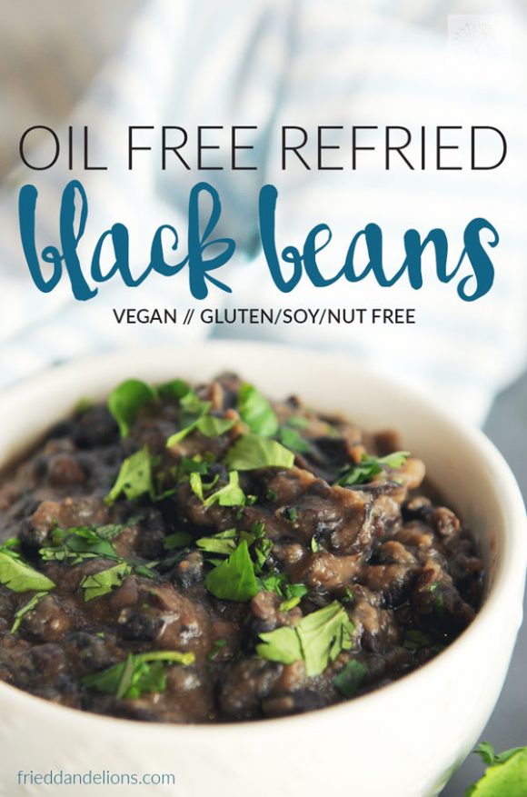 front view of vegan oil free refried black beans with text overlay