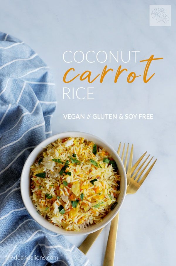 overhead view of Coconut Carrot Rice with text overlay