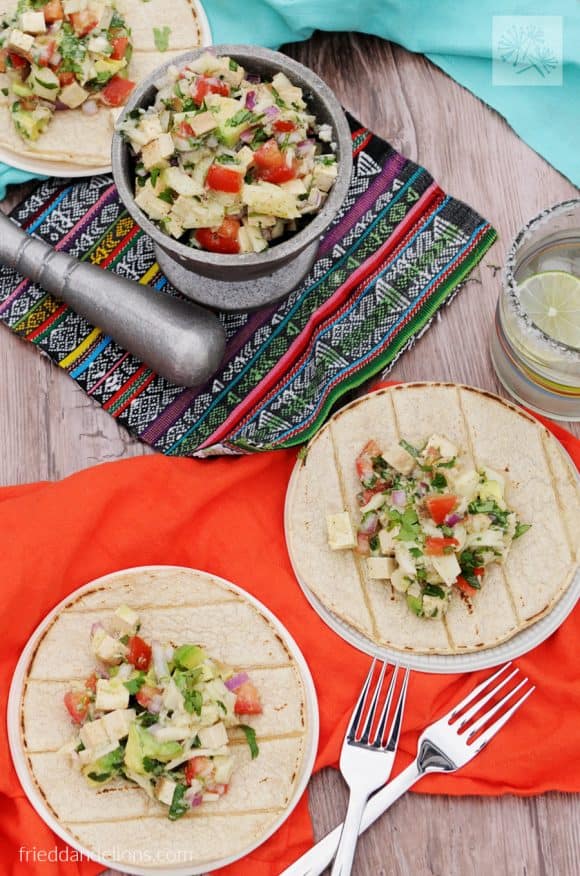 overhead shot of tostadas with heart of palm vegan ceviche for vegan taco Tuesday