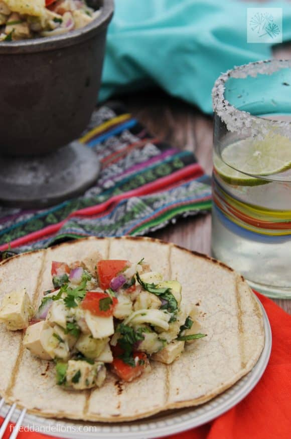 fried dandelions // tostadas with hearts of palm ceviche