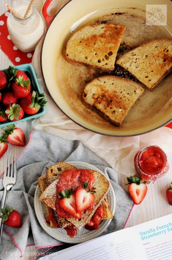 fried dandelions // vanilla french toast with strawberry sauce