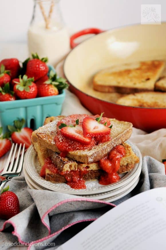 fried dandelions // vanilla french toast with strawberry sauce