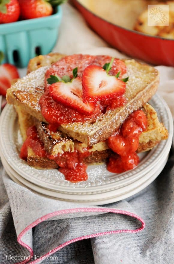 fried dandelions // vanilla french toast with strawberry sauce