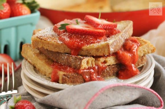 fried dandelions // vanilla french toast with strawberry sauce