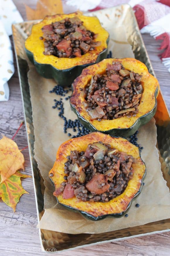 fried dandelions // stuffed squash with curried lentils