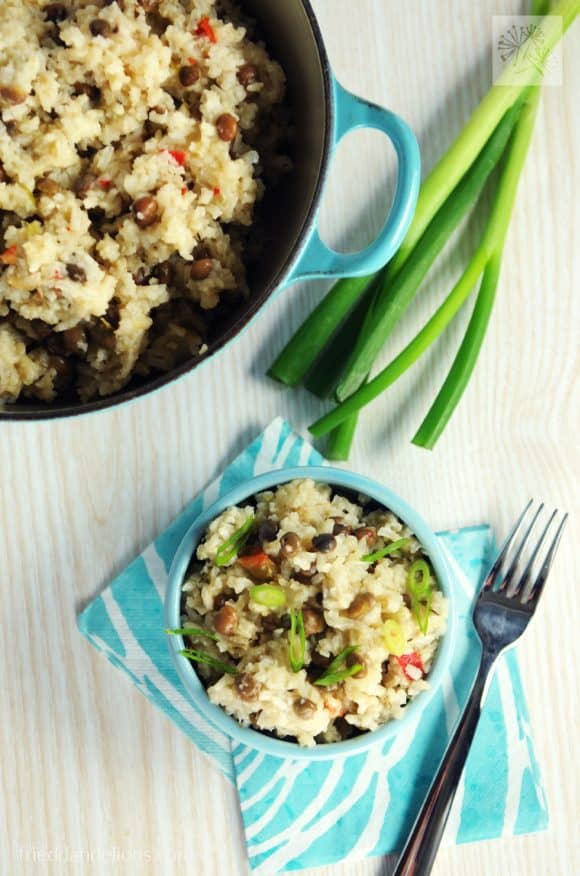 Pigeon Pea Rice is a classic Caribbean dish packed with flavor! You'll love this dish from the new book Caribbean Vegan by Taymer Mason. (vegan, soy free, nut free, gluten free)