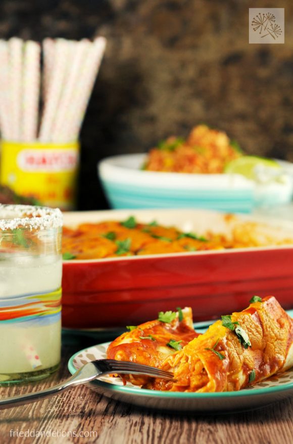 Jackfruit Carnitas Enchiladas are sure to be a hit with your whole family! With a few easy steps and shortcuts, you'll have them on the table in no time! (vegan, soy free, gluten free, nut free)