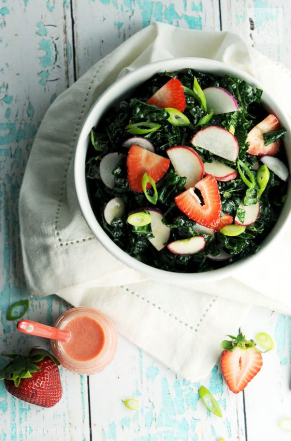 Full spread of Kale Salad with Strawberry Vinaigrette (vegan, gluten free, soy free, nut free)