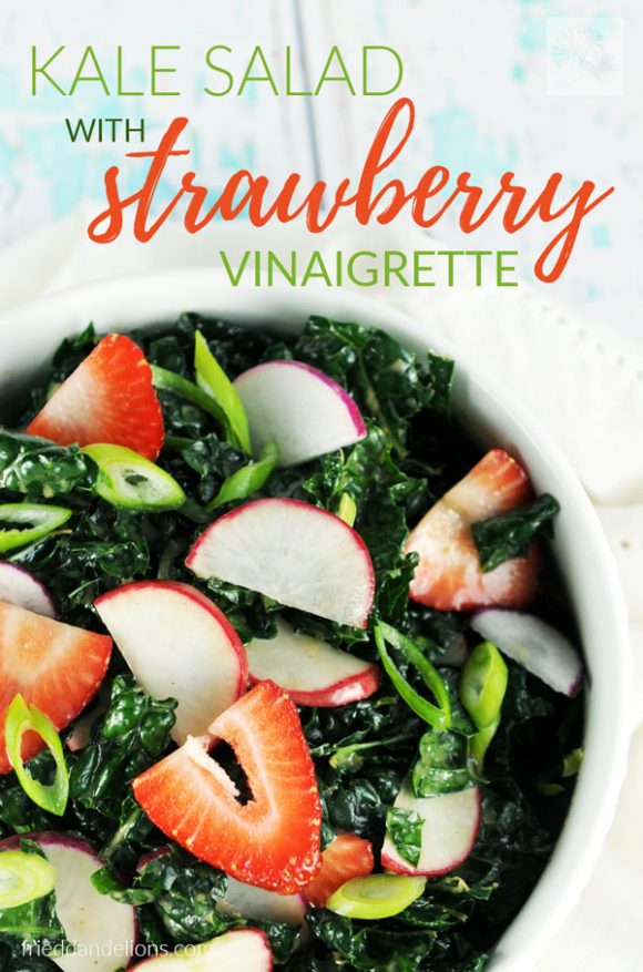 Close up of Kale Salad with Strawberry Vinaigrette (vegan, gluten free, soy free, nut free)