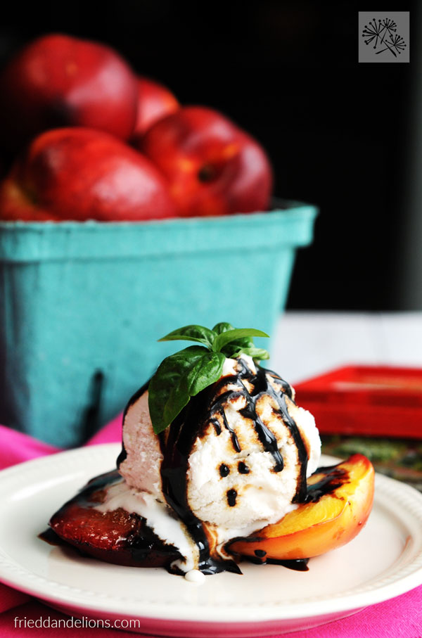 Grilled Nectarines with Balsamic Basil Reduction — Fried Dandelions