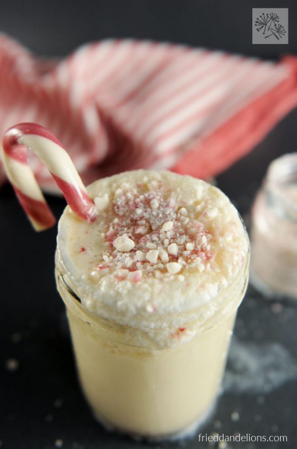 Vegan Eggnog Punch with candy cane swizzle stick