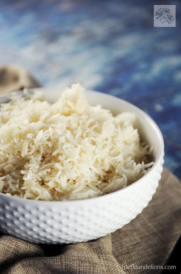 bowl of Instant Pot Basmati Rice with blue background