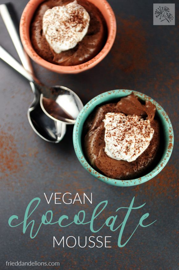 overhead view of two bowls of vegan chocolate mousse with text overlay