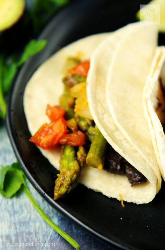 Braised Asparagus Tacos in Escabeche — Fried Dandelions — Plant Based