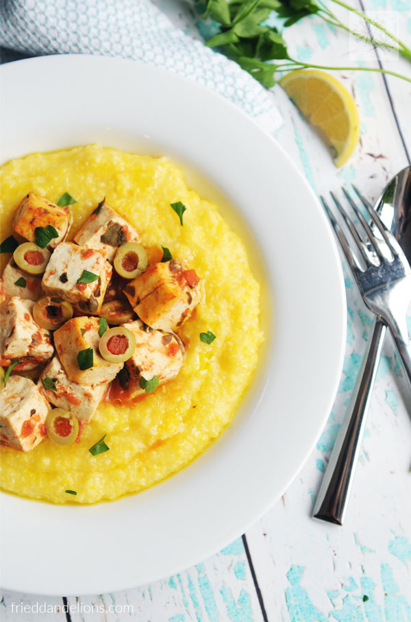 Baked Tofu with Tomatoes, Lemon, and Capers — Fried Dandelions — Plant