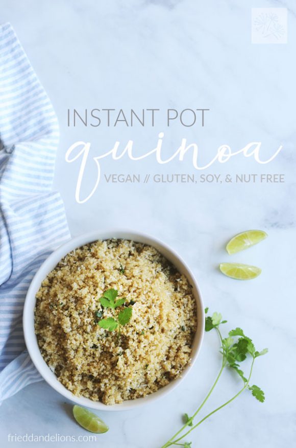 overhead shot of Instant Pot Quinoa with cilantro, limes, and blue and white napkin in the background, text overlay