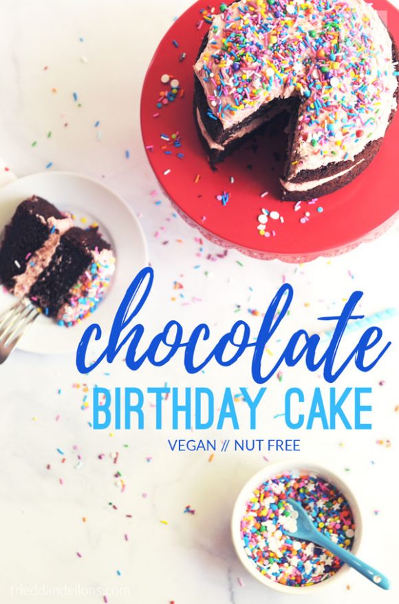 overhead view of a vegan chocolate birthday cake with a slice on a plate, a bowl of sprinkles, and text overlay