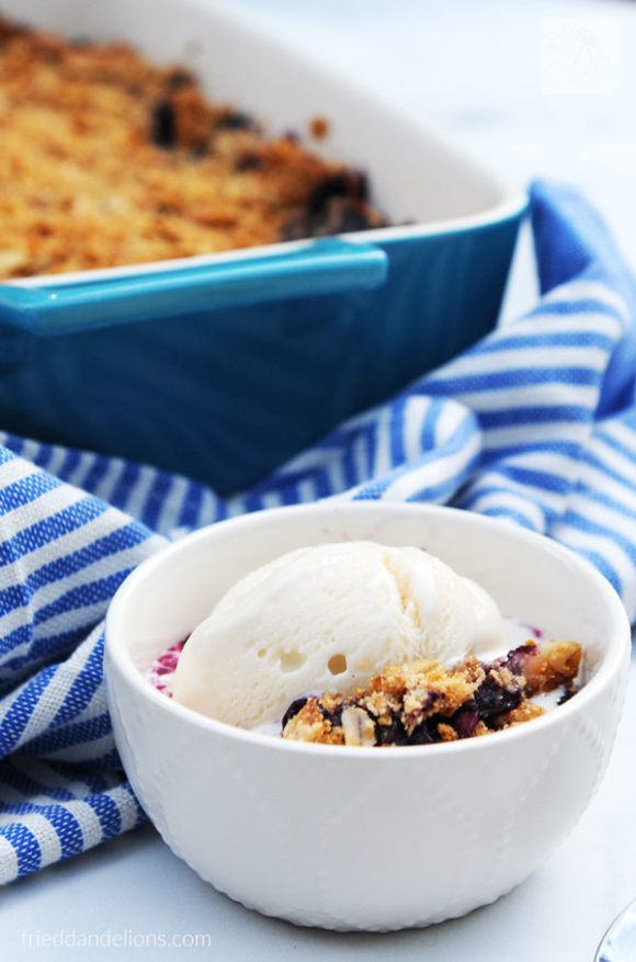 bowl of vegan blueberry crisp with scoop of vanilla ice cream with blue and white striped napkin and baking dish in the background