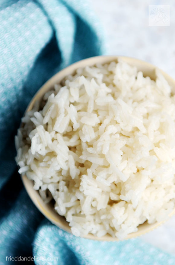 long grain rice cooked in the Instant Pot with a blue background
