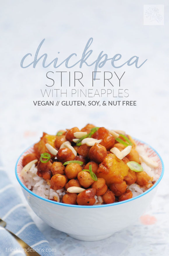 chickpea stir fry with pineapples in white bowl with text overlay