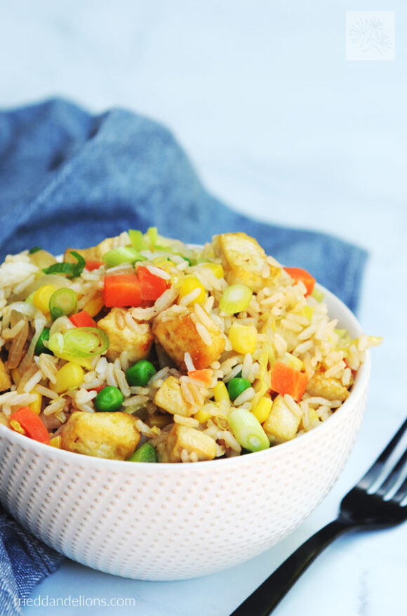 white bowl filled with Vegan Cabbage Fried Rice