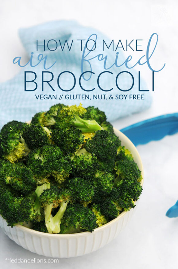 white bowl of air fried broccoli with text overlay