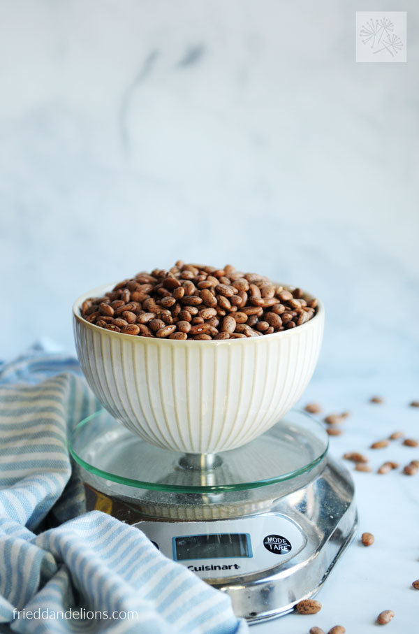 bowl of dried pinto beans on a scale