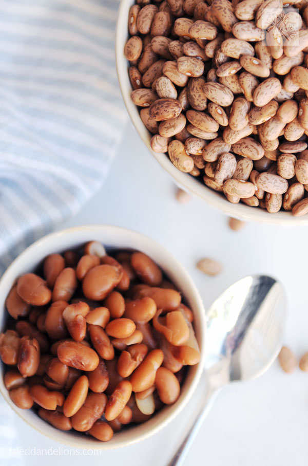 bowl of instant pot pinto beans with bowl of dried pinto beans in background