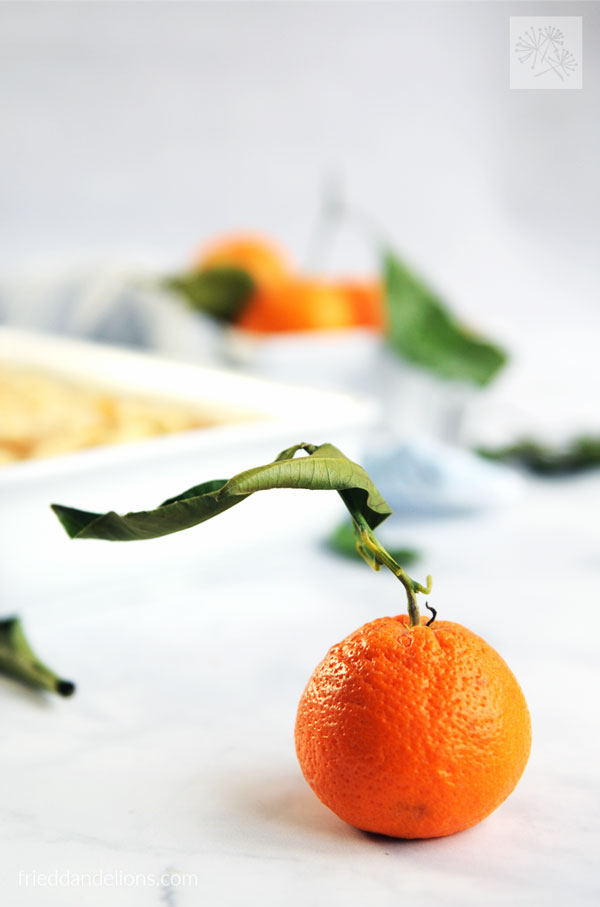 close up of stem and leaf satsuma orange with vegan Cinnamon Rolls in background