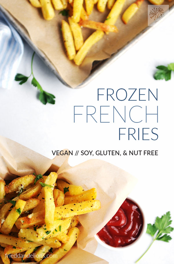overhead view of frozen french fries baked at home with text overlay