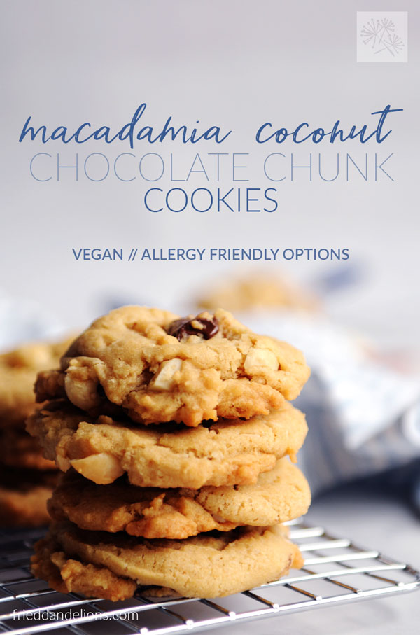 stack of macadamia coconut chocolate chunk cookies with text overlay, cooling rack and striped napkin in background