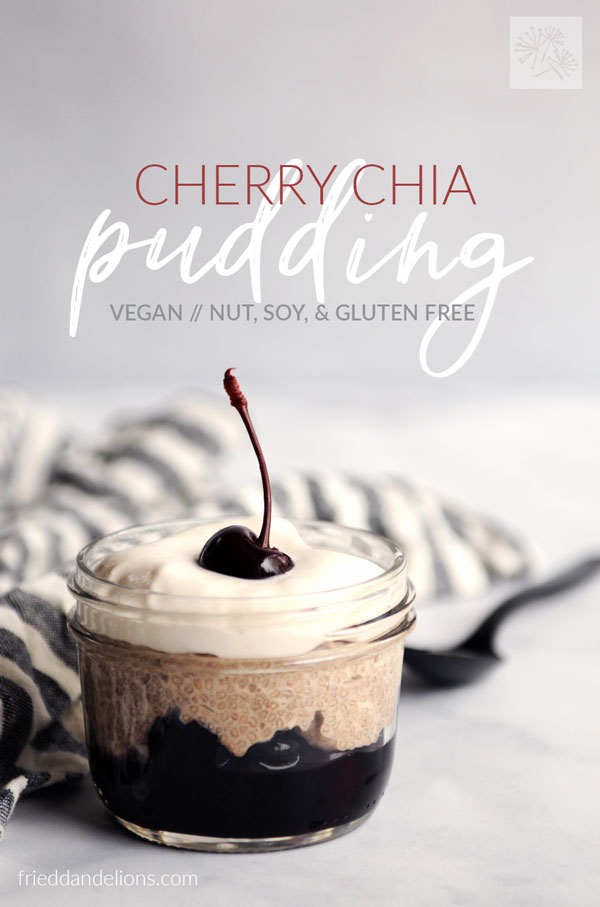bowl of cherry chia pudding with text overlay, maraschino cherry on top, black spoon in background