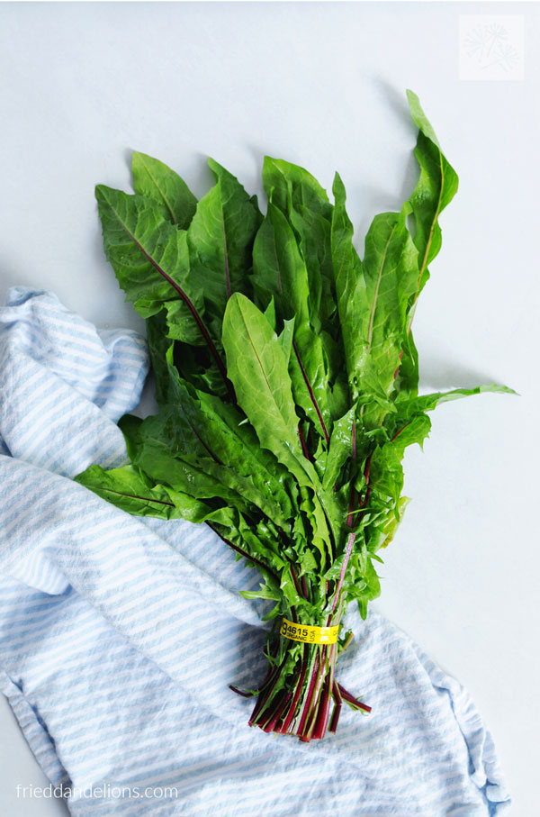 bundle of dandelion greens with blue and white striped napkin